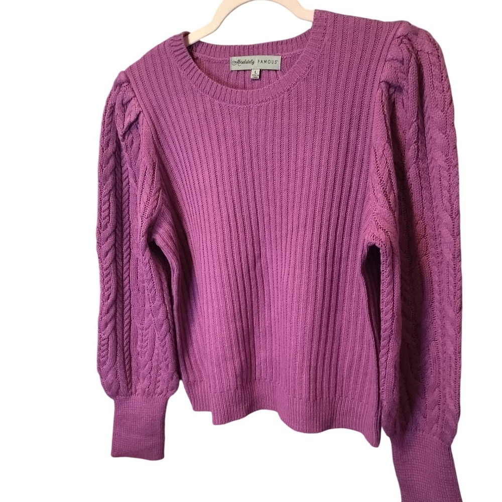 Absolutely Famous Magneta Cable‎ Knit Puff Sleeve Casual Sweater Women's Large